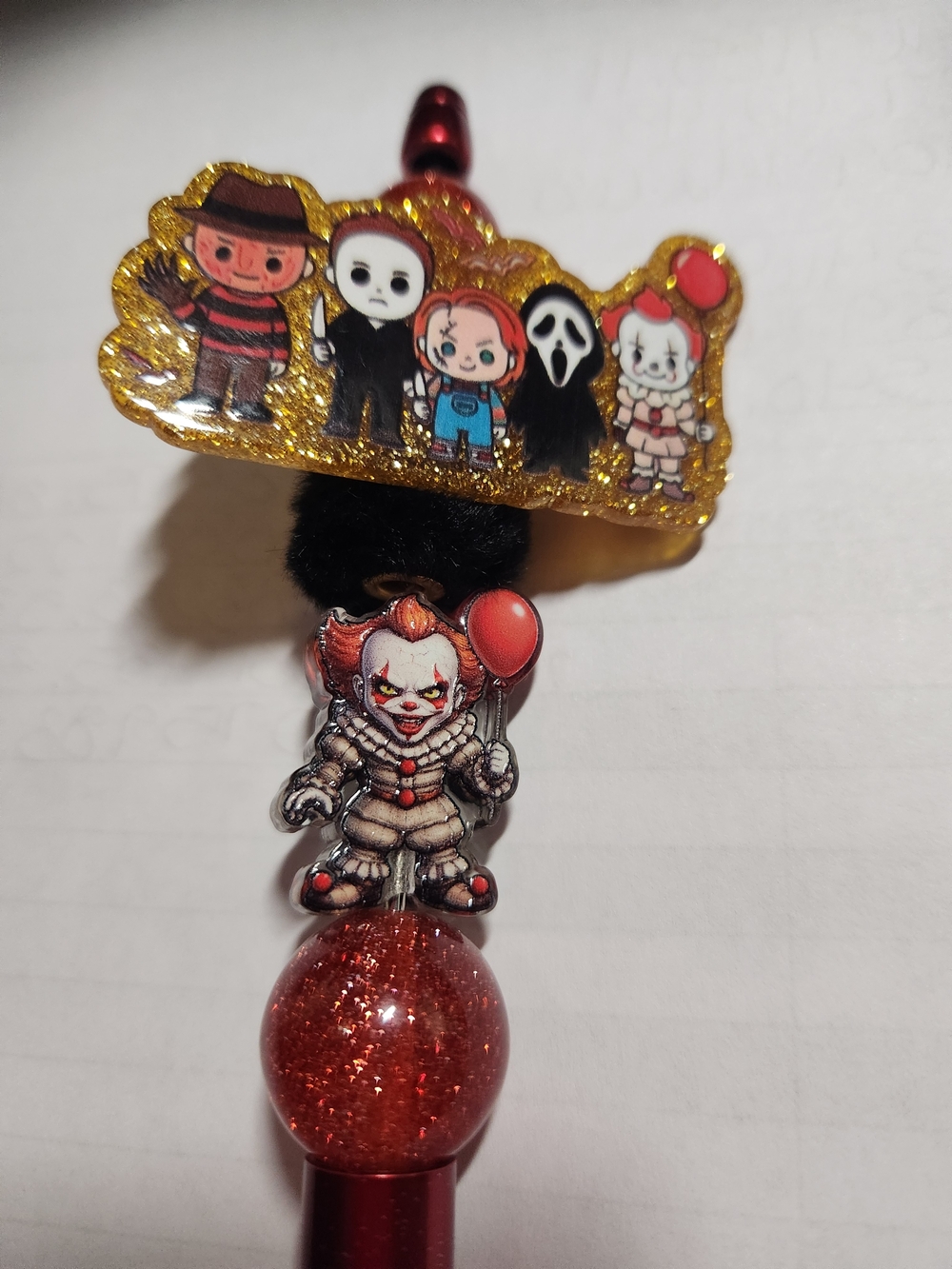 Horror Character Pen - Red Glitter Balloon Clown Design